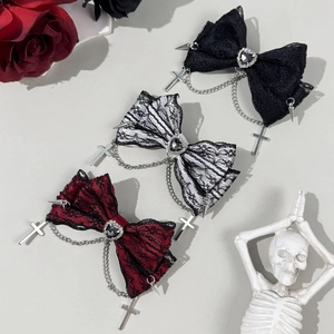 Gothic lace bow hair clips with silver heart gems, crosses, and punk chains detail