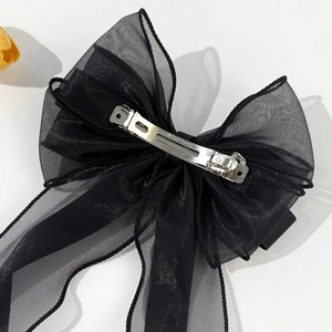 Elegant large black mesh bow hair clip for women with premium metal spring fastener