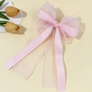 Pink tulle bow hair clip with elegant long ribbons and sheer organza fabric layers