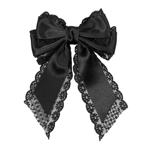Elegant vintage black lace ribbon hair clip with delicate satin bow and long streamers