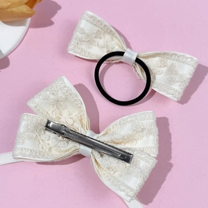 Französische Retro-Spitzenschleife Haarklammer und Haargummi Set in Cremeweiß