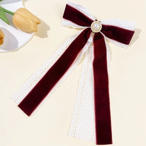 Elegant French velvet lace bow hair clip with pearl pendant for back of head styling