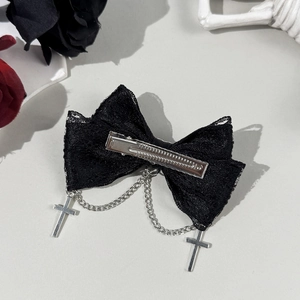 Gothic black lace bow hair clip with silver cross chains and metal duckbill clasp