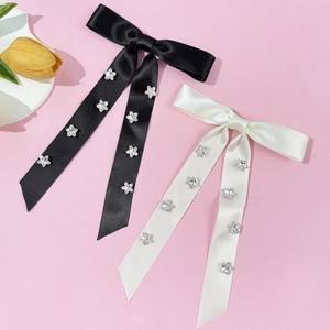 Elegant Satin Bow Hair Clip Long Streamer Star Rhinestone Headpiece Satin Ribbon Alligator Clip For Women Girls Hair Accessory