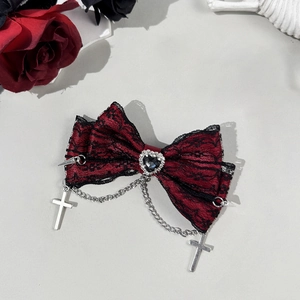 Gothic hair clip with red satin, black lace, heart gemstone and silver cross chains detail