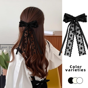 Détail d'une pince à cheveux élégante en dentelle noire avec de longs rubans