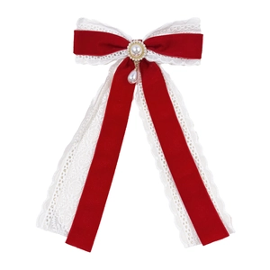 Elegant French velvet lace bow hair clip with a pearl pendant for women