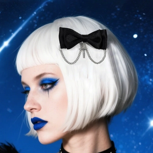 Gothic punk black satin bow hair clip with silver chains and cross pendant for women