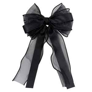 Elegant large black tulle and satin bow hair clip with flowing ribbons for women