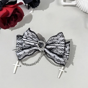 Gothic black and white lace bow hair clip with silver cross chains and heart gemstone