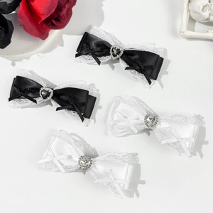 Gothic Lolita Bow Hair Clip With Heart Rhinestone Lace Trim Satin Ribbon Duckbill Side Clip Sweet Cool Headwear For Women