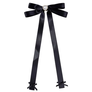 Eleganter schwarzer Satin-Schleifen-Haarclip mit Herzperle und Strassbesatz für Damen