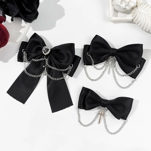 Gothic Punk Black Satin Bow Hair Clip With Silver Chain Cross Pendant Heart Rhinestone Cool Hair Accessories For Women Jewelry