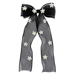 Barrette à cheveux élégante en résille noire avec broderie marguerite et rubans