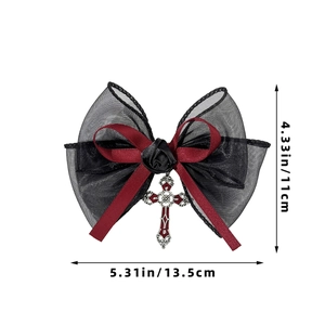 Gothic hair clip with black lace, red ribbon, textile rose and silver cross pendant