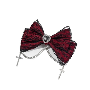 Gothic lace bow hair clip with black heart gemstone and silver cross pendants