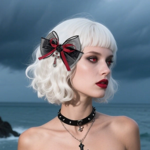 Gothic black lace bow hair clip with red ribbon, dark rose, and silver cross pendant
