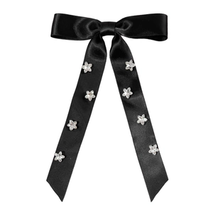 Elegant black satin bow hair clip with sparkling silver rhinestone star embellishments