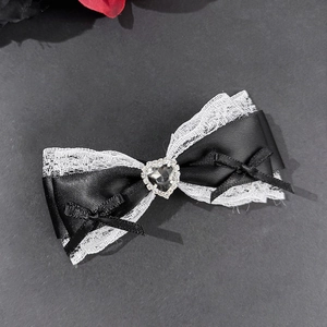 Lolita style black ribbon bow hair clip with white lace and heart rhinestone