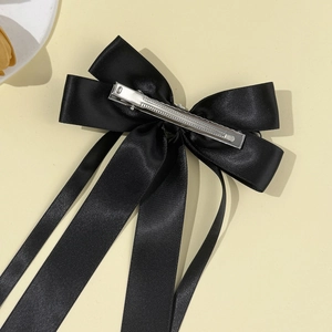 Eleganter schwarzer Satin-Schleifen-Haarclip mit langer Schleife und Krokodilklemme für Damen