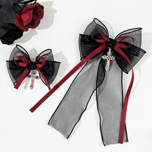 Gothic Punk Mesh Bow Hair Clip With Cross Pendant And Black Rose Vintage Dark Lolita Headwear For Women Hair Accessory