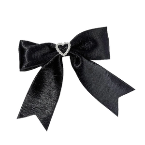 Elegant black silk satin bow hair clip with a sparkling silver heart rhinestone center
