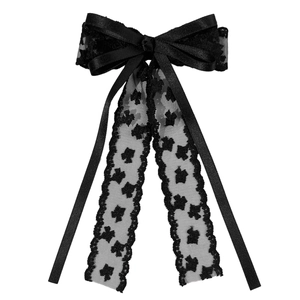Barrette élégante à nœud en dentelle noire avec de longs rubans transparents fins