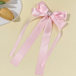 Süße rosa Satin-Schleife Haarspange mit Herz-Strassstein für Mädchen und Frauen