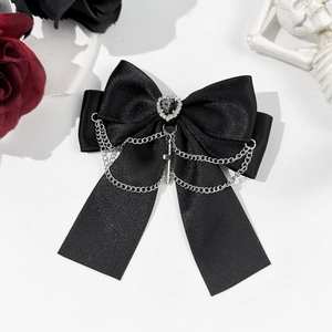 Gothic black satin bow hair clip with heart gem, silver chains and cross pendant