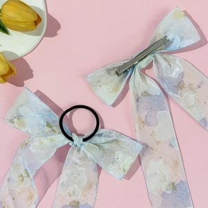 Elegante bloemen chiffon haarclip en elastische strik set met lange linten