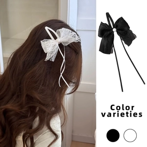 Elegant Lace Bow Hair Clip With Faux Artificial Pearl Long Streamers Sweet Korean Style Satin Ribbon Snap Clip For Women Hair Jewelry