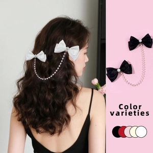 Elegant Satin Bow Hair Clips With Artificial Pearl Chain Tassel For Women Sweet Princess Ribbon Duckbill Clip Wedding Party Accessory