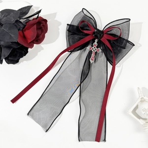 Gothic black ribbon bow hair clip with red accents and a silver metal cross pendant