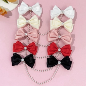 Bow pearl hair clip set in five colors with elegant satin ribbons and pearl chains