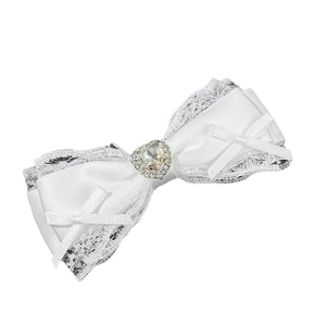 White lace bow hair clip with a large heart-shaped crystal centerpiece for women