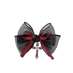 Gothic Lolita hair clip with black lace bow, red ribbon, rose, and silver cross pendant