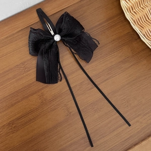 Sweet black lace bow hair clip with pearl center and long flowing ribbons for women
