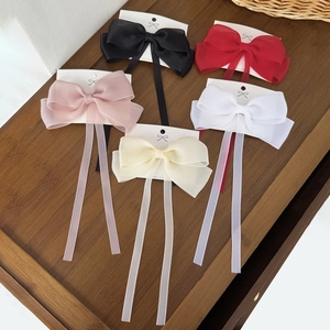 Five-pack set of mesh bow hair clips with long ribbons in assorted elegant colors