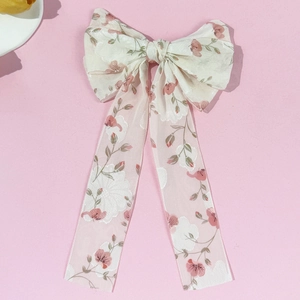 Vue détaillée du grand nœud papillon floral en tissu transparent avec rubans longs