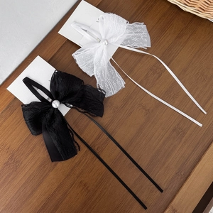 Lace bow hair clips with pearls and long streamers in black and white styles