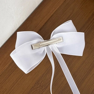 Japanese style white tulle bow hair clip with long ribbons and metal duckbill clip