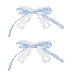 Light blue satin hair clips with white heart lace bows for a sweet ballet aesthetic style