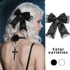 Gothic Lace Bow Hair Clip With Heart Rhinestone Japanese Lolita Ribbon Hair Accessory For Women Sweet Cool Style Headwear