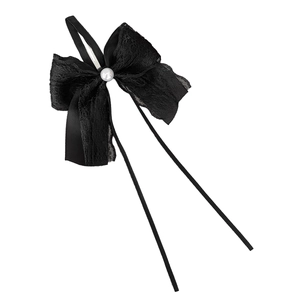 Lace bow hair clip with white pearl and long streamers in elegant black style