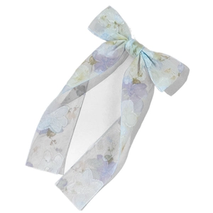 Elegante lange organza haarstrik met bloemen jacquard patroon in lichtblauw en paars