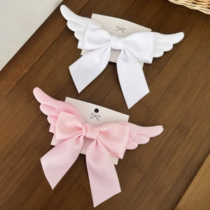 Sweet Lolita Angel Wings Bow Hair Clip For Women Plush Satin Ribbon Hairpin Cute Handmade Cosplay Headwear Hair Accessory