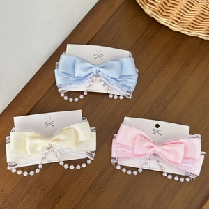 Sweet Satin Bow Hair Clip With Faux Artificial Pearl Tassel Lace Edge Lolita Style Hairpins Princess Side Clip Hair Accessories