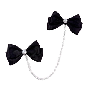 Elegant black satin bow hair clips with pearls and a delicate dangling pearl chain link