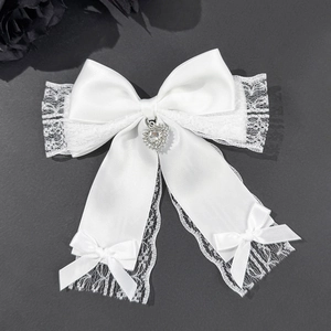 White lace bow hair clip with heart rhinestone pendant in sweet Lolita style decoration