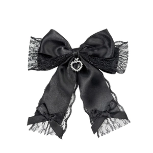 Japanese style black lace bow hair clip with heart rhinestone pendant for lolita fashion